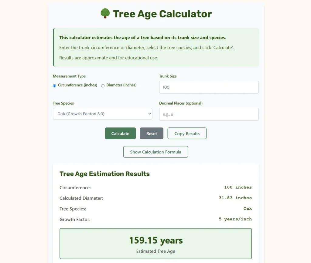 Tree Age Calculator Web App.