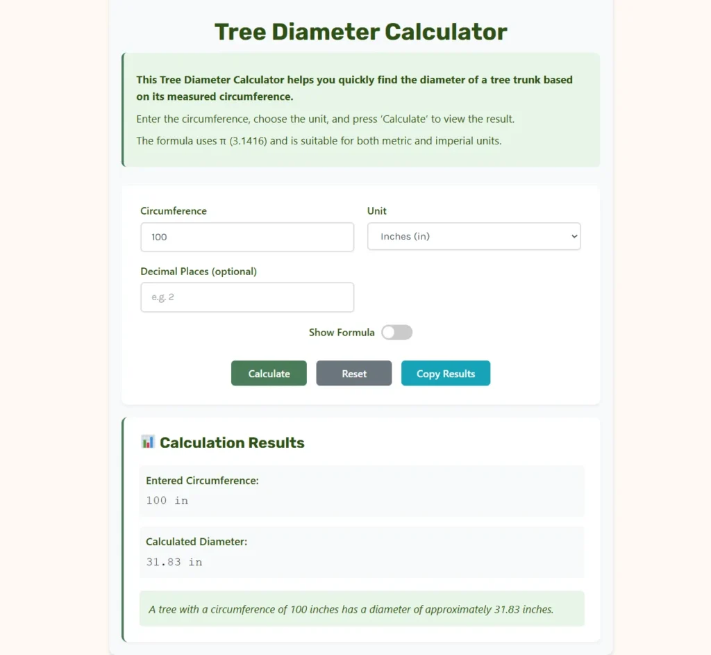 Tree Diameter Calculator Web App.
