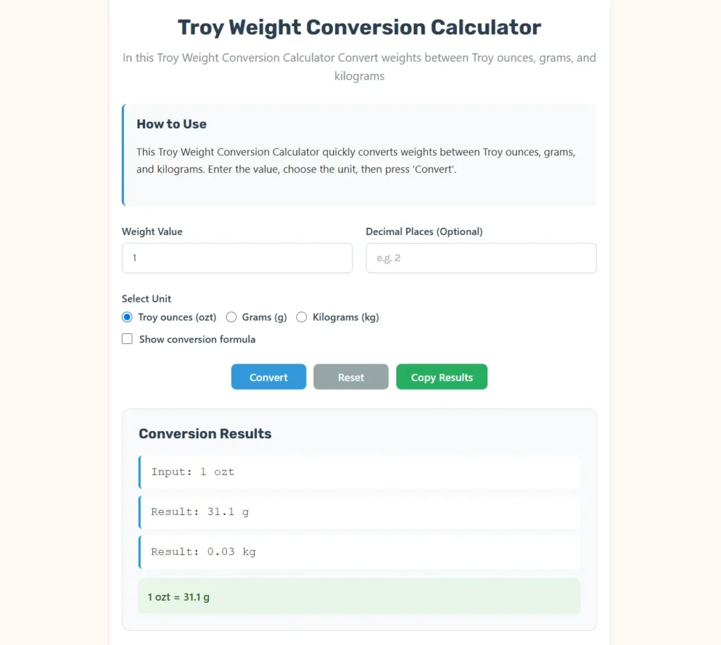 Troy Weight Conversion Calculator Web App.