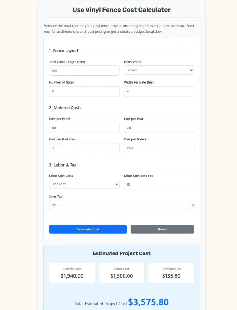 Vinyl Fence Cost Calculator Web App.