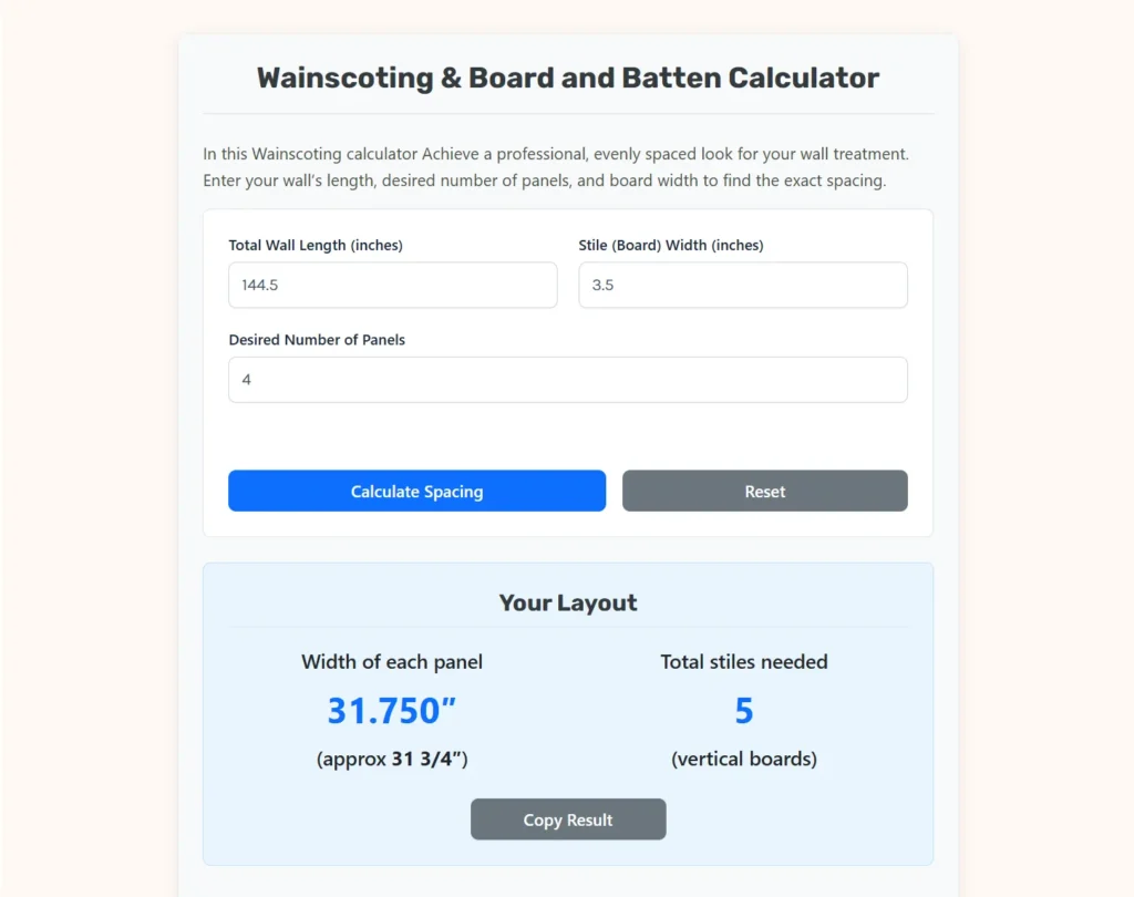 Wainscoting Calculator Web App.