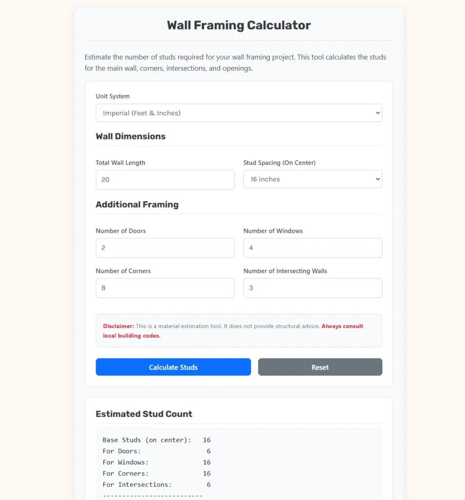 Interface of Wall Framing Calculator Web App.