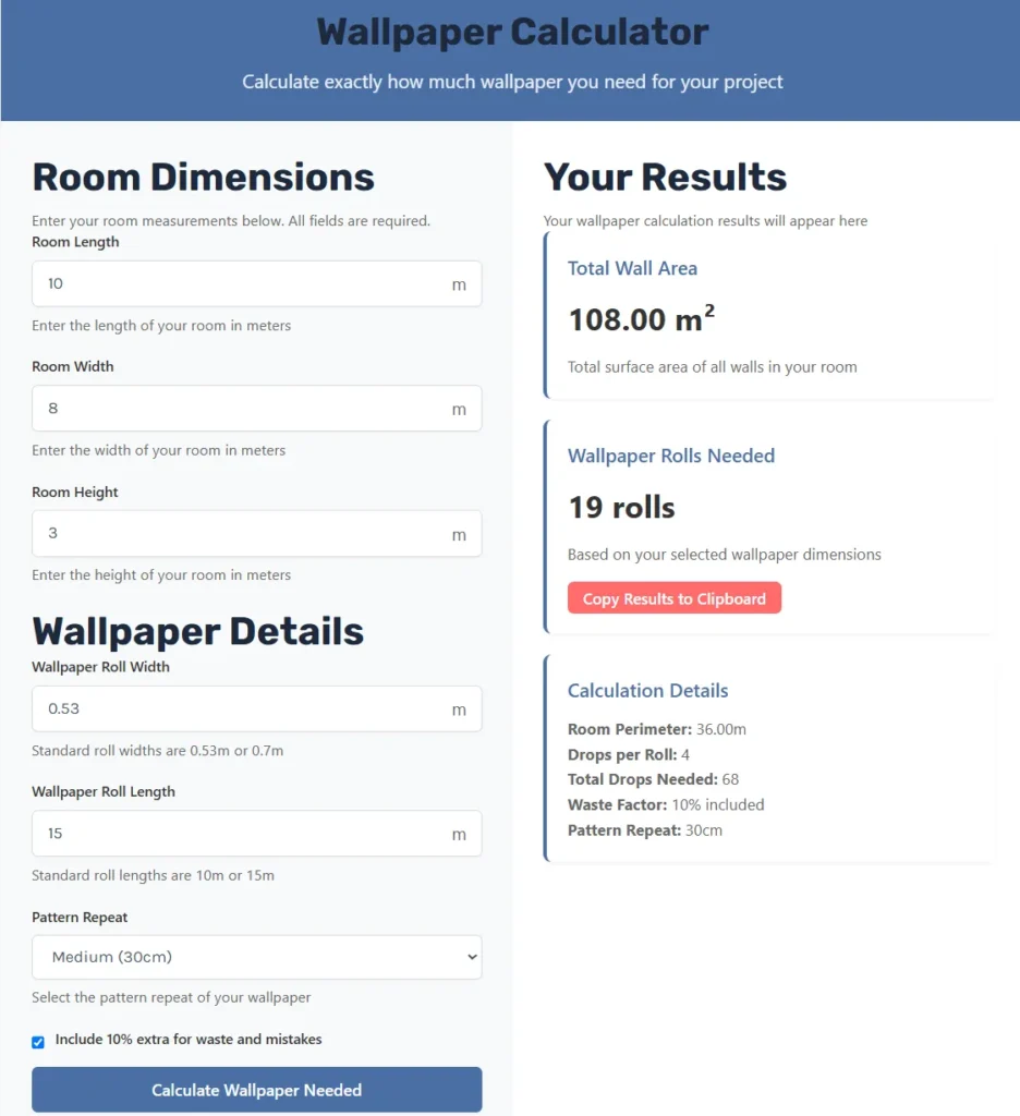 Interface of Wallpaper Calculator Web Application.