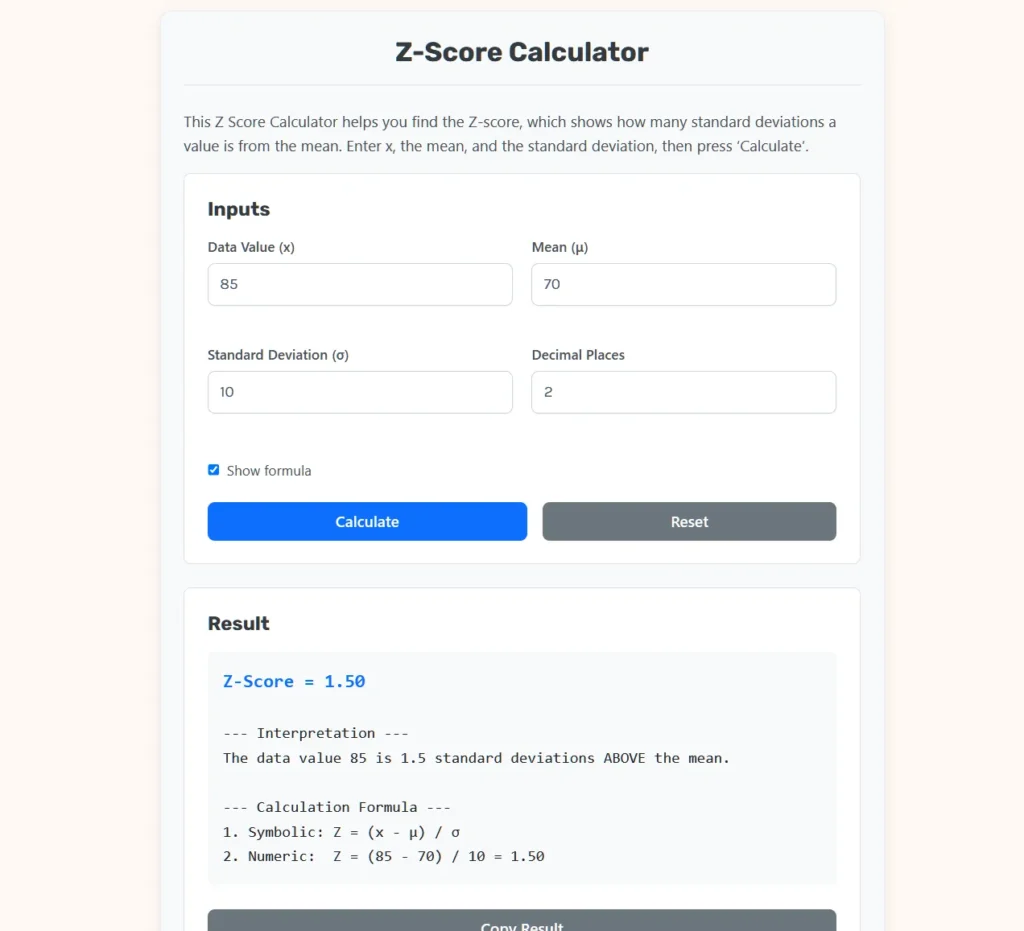 Z Score Calculator Web App.