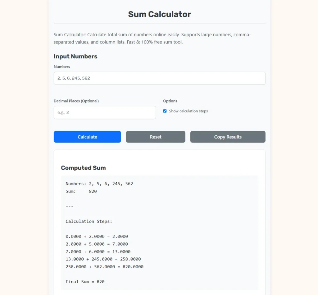Free Sum Calculator – Add Numbers & Calculate Totals.