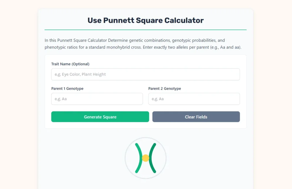 Punnett Square Calculator, the web app window.