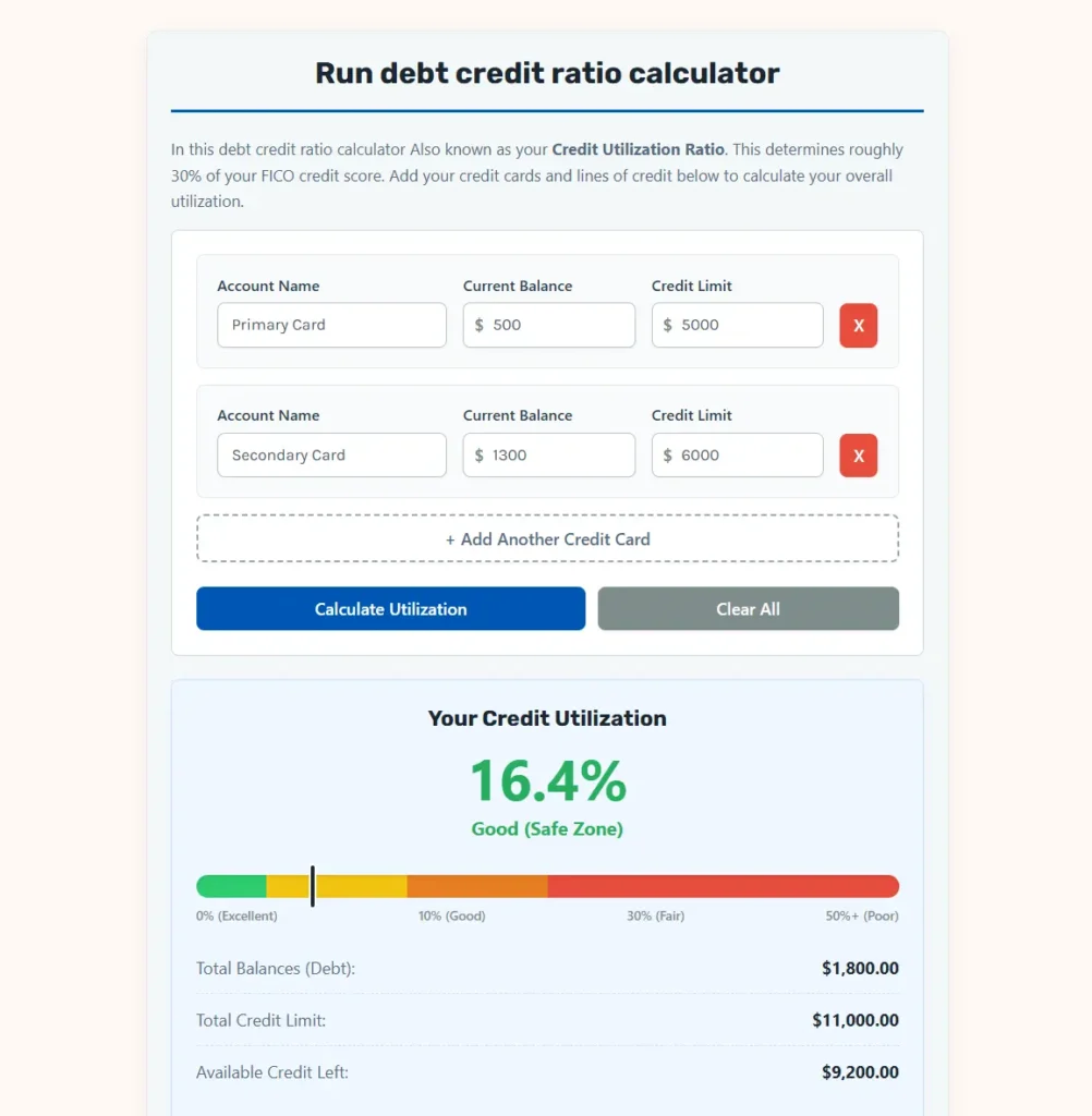 debt credit ratio calculator web app interface.