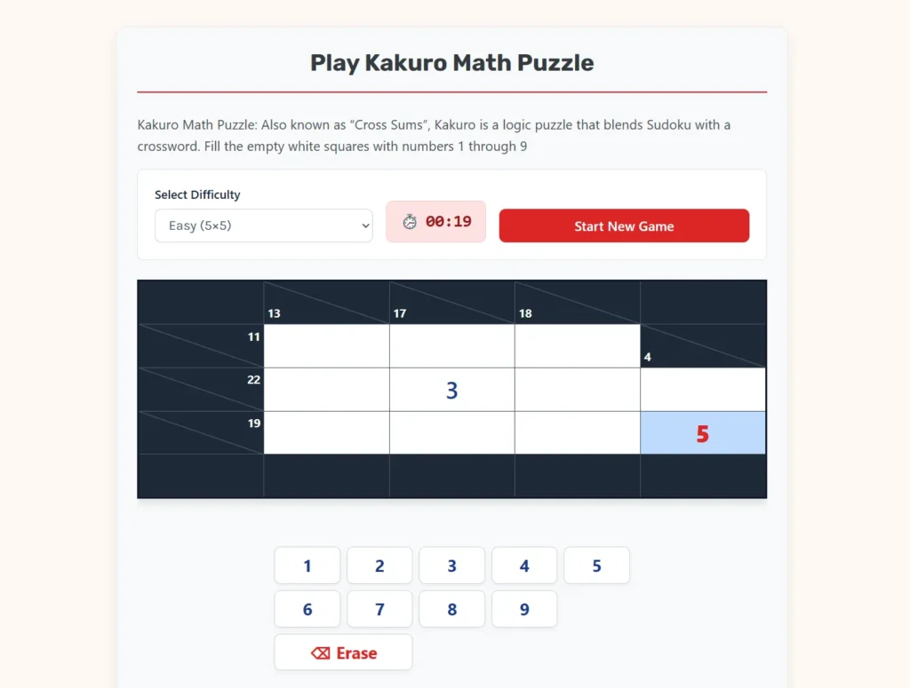 Kakuro Math Puzzle - Cross Sums game online.