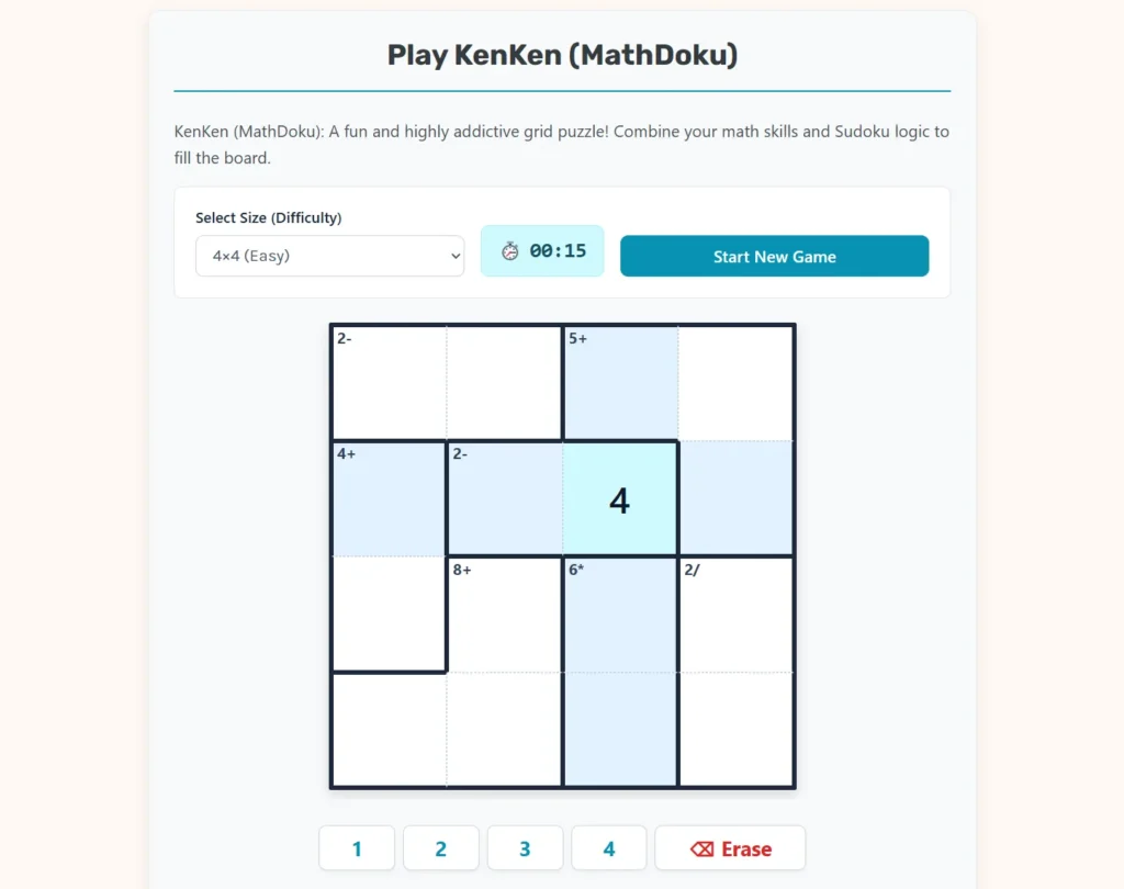 KenKen (MathDoku) Game Online.
