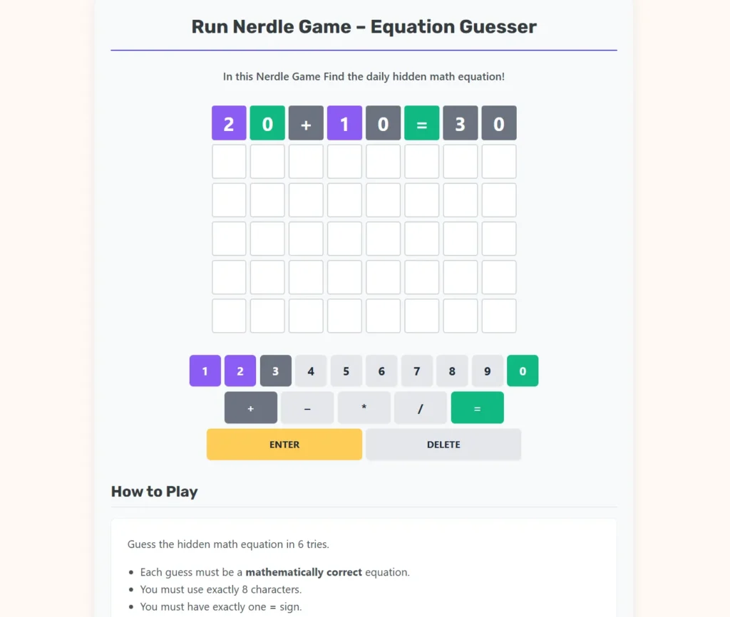 Nerdle Game – Equation Guesser Web App.