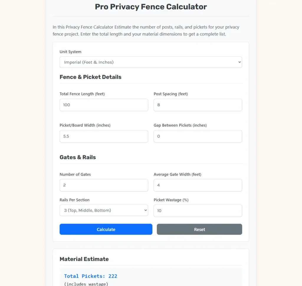 Privacy Fence Calculator Web App.