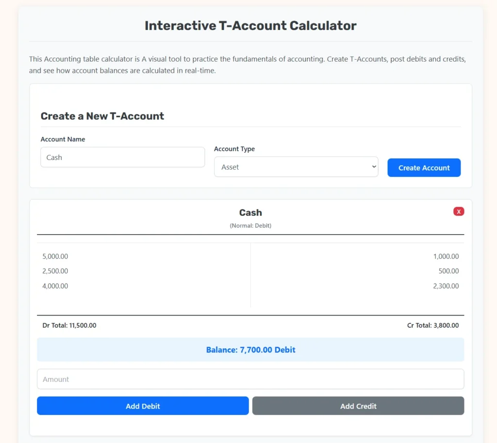 accounting table calculator Web Application.