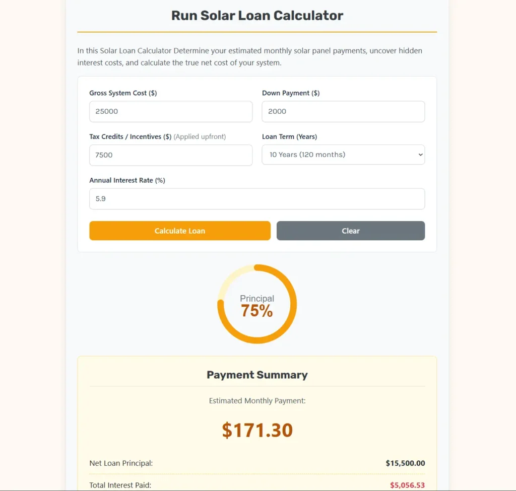 Interface of solar loan calculator App.