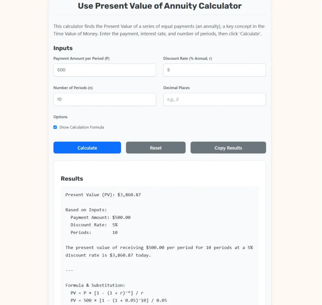 Present Value of Annuity Calculator Web App.