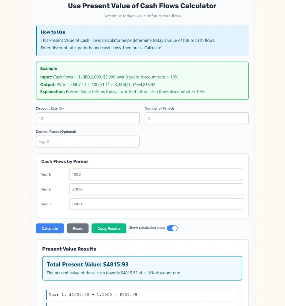 Present Value of Cash Flows Calculator Web App.